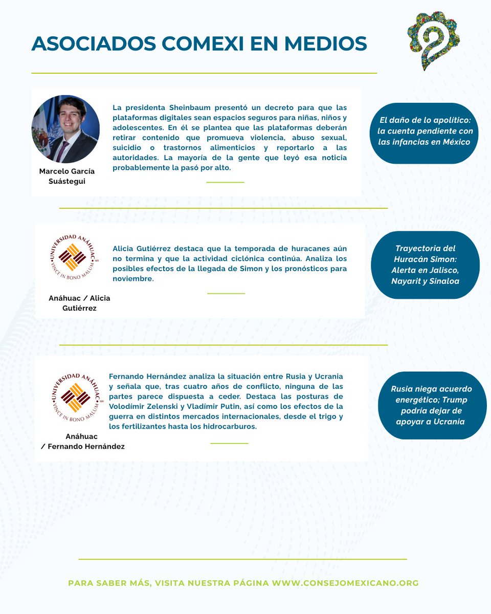 COMEXI's tweet photo. #AsociadosCOMEXI analizan: 

Escándalos de Trump y su impacto electoral; protestas en Francia; transformaciones regionales en América Latina; tregua energética Rusia-Ucrania; el huracán Simon y protección de infancias frente a riesgos digitales.

➡️ https://t.co/gdISho0kSe https://t.co/EddhK9hoKJ