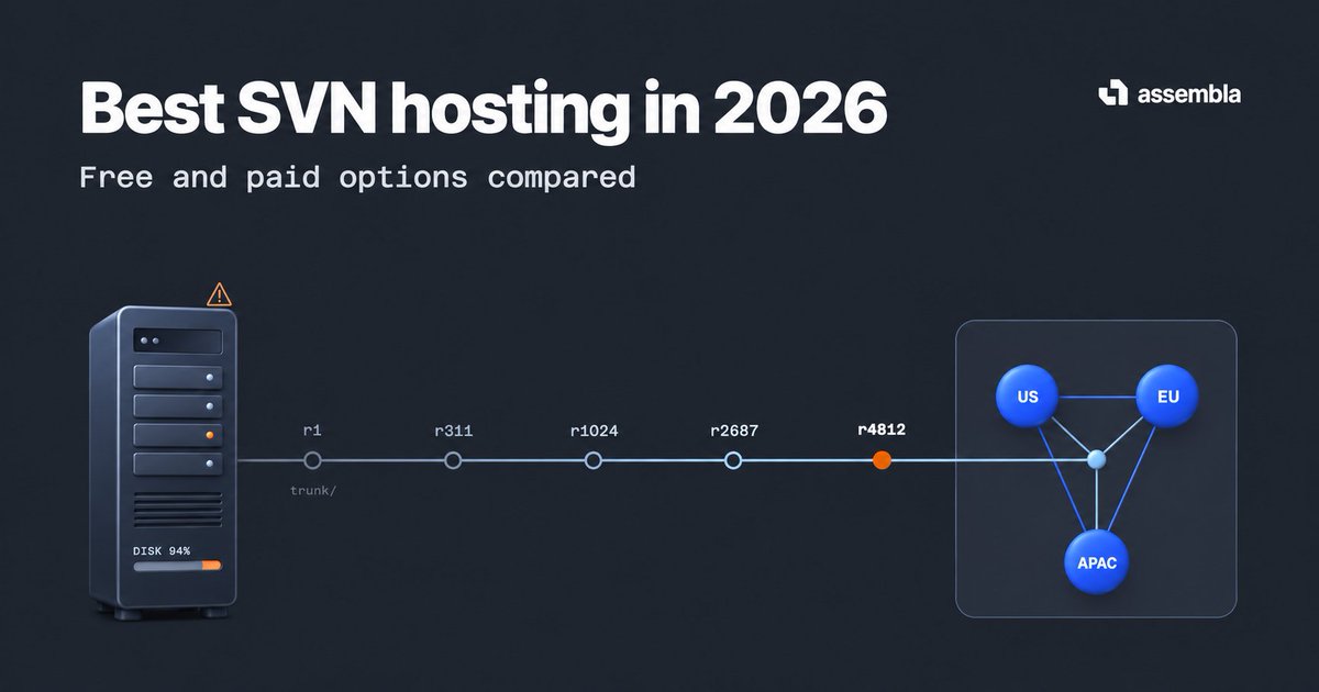 assembla's tweet photo. Still on SVN? Good, it works.
Still running the SVN server yourself? That part is optional.
Our 2026 guide compares SVN hosting providers, free options, and how to switch hosts without losing a single revision.

https://t.co/VAdVIpkrKc

#SVN #Subversion https://t.co/WTV64dqkZm