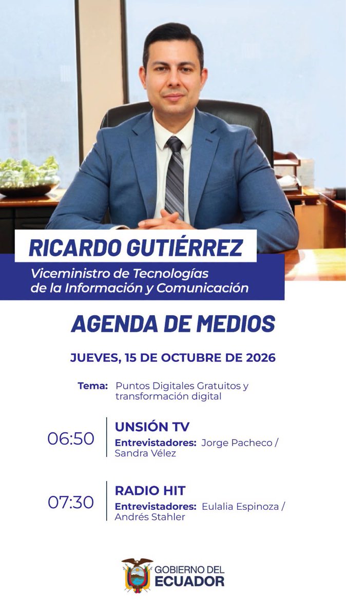yumiceba_andres's tweet photo. #MITEnMedios | El viceministro de Tecnologías de la Información y Comunicación, Ricardo Gutiérrez, mantendrá este jueves 15 de octubre de 2026 una jornada de entrevistas para informar sobre Puntos Digitales Gratuitos y transformación digital.
📷 06:50 | #UNSIONTV
📷 07:30 | #Radi https://t.co/yhMGBz69Zy