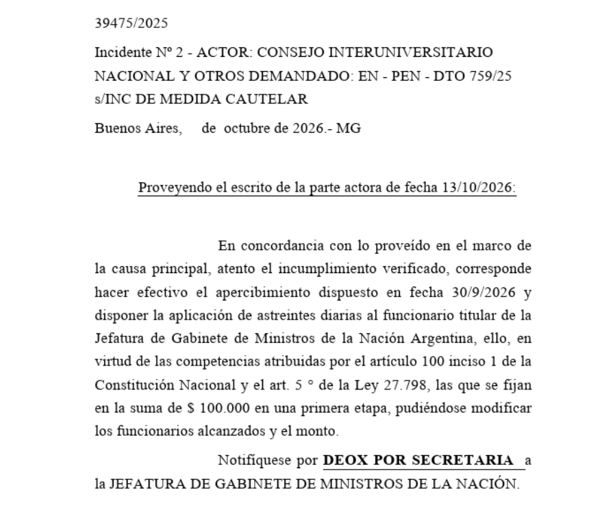 blogdelderecho's tweet photo. Financiamiento Universitario | El juez federal Martín Cormick aplicó astreintes al Jefe de Gabinete, Diego Santilli, de $ 100.000 al día por incumplimiento de la medida cautelar. https://t.co/G0hZs2xIkW