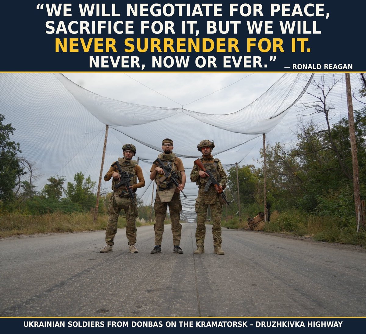 Vit_Ovchar's tweet photo. Dear Americans,

I am a Ukrainian soldier writing to you.

On January 20, 1981, President Ronald Reagan spoke words that every American should remember today:

“We will negotiate for it, sacrifice for it; we will not surrender for it, now or ever.”

These words were about peace, freedom, dignity, and the courage to stand against tyranny.

Today, Ukraine faces not only Russian aggression but also growing pressure from the United States, demanding what amounts to capitulation in the name of so-called peace.

We are being asked to accept the loss of Donbas and Crimea, our homes, and the future of millions of Ukrainians who would be abandoned under Russian occupation.

But is Ukraine’s capitulation really peace?

Would Ronald Reagan have called rewarding an aggressor a victory for diplomacy?

Reagan understood something that some American politicians seem to have forgotten: peace without freedom is not peace at all — it means the horrors of occupation and the continuation of war.

Ukrainians want this terrible war to end more than anyone else, but we cannot accept a peace that rewards Russian aggression and leaves our people at the mercy of Russian occupiers.

We are defending the very same principles of freedom and national sovereignty that generations of Americans have held sacred.

America once inspired the world by standing against Soviet tyranny, and today we call on Americans not to betray those same principles when Ukraine needs their support the most.

President Reagan said that America would never surrender for peace, and today Ukraine is saying exactly the same thing!