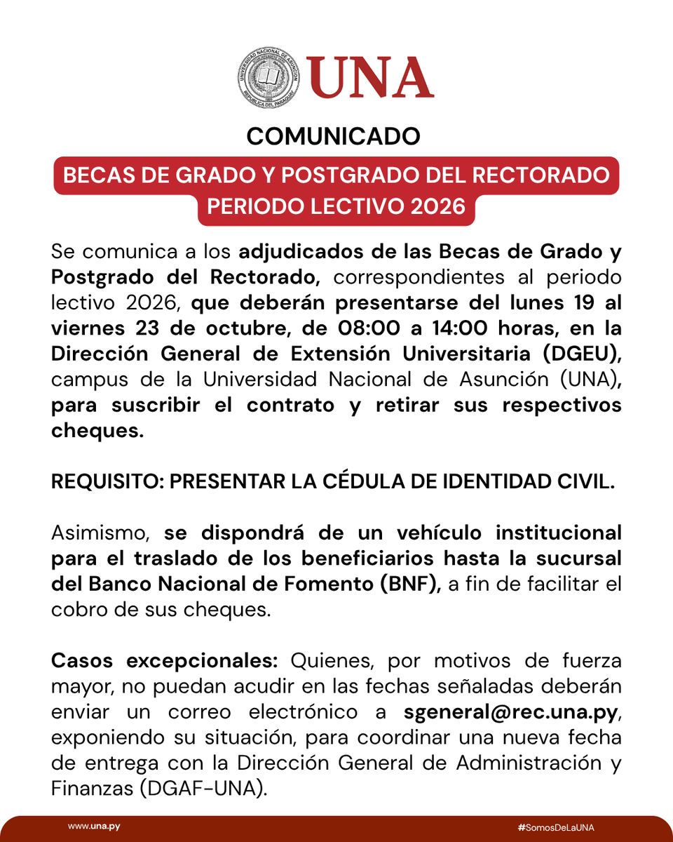 una_py's tweet photo. ⚠️ COMUNICADO 
👉🏻 BECAS DE GRADO Y POSTGRADO DEL RECTORADO - PERIODO LECTIVO 2026
#SomosDeLaUNA https://t.co/KGaJOZf6BY