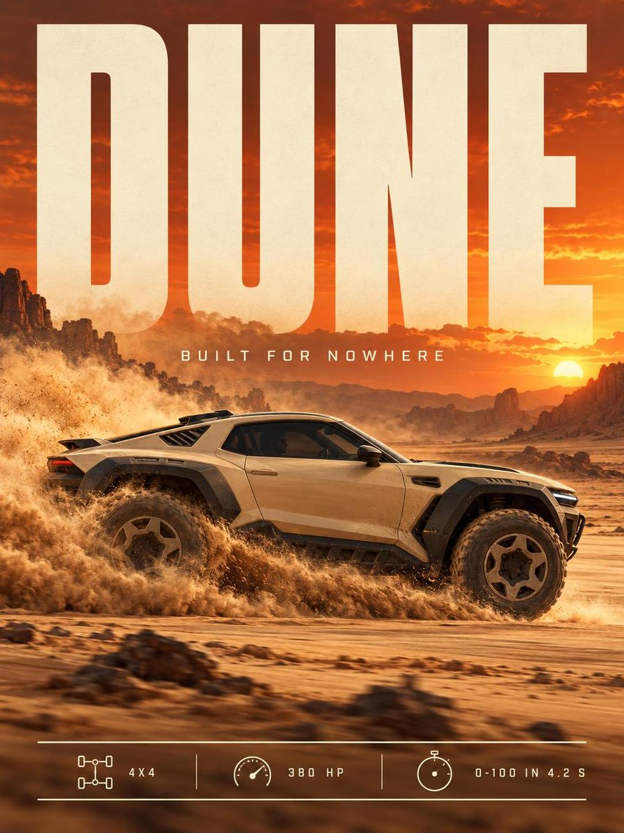 inkroom_ai's tweet photo. Three car posters that look like a real brand campaign. One prompt pattern, made with InkRoom.

The trick: put one giant word behind the car, lock the colors, and add a few specs in thin lines.

Try this:
"3:4 car poster. Giant bronze serif word behind the car. Olive green coupe at golden hour, city lights below. Only 4 colors. Small specs and a thin power curve at the bottom."

Swap the word, the colors and the scene to get a new poster.

Link in bio.