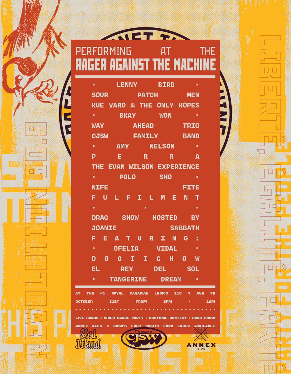 CJSW's tweet photo. Announcing the lineup for this years CJSW x Sled Island RAGER AGAINST THE MACHINE!

You can catch PERRA, Amy Nelson, Fulfilment, Polo Sho, The CJSW Family Band, and more! You can also catch a drag show hosted by Joanie Sabbath. 

Can't wait to see you on the 31st! https://t.co/F1Vjq7SPlu