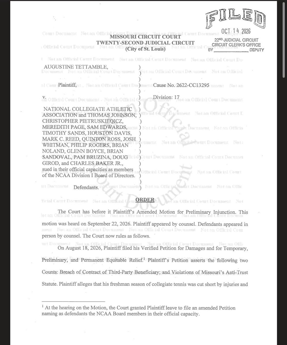 nwblackmon's tweet photo. Our team @sandbergphoenix is proud to represent Gus Tettamble, an outstanding student on graduate school and tremendous tennis player at Abilene Christian University.
 
Today, Gus was granted injunctive relief in St. Louis City circuit court.  The order keeps him eligible to play tennis for a fourth meaningful season of competition.  

Gus played only 4 matches—all in the fall, not the spring championship season—as a freshman, unable to compete in more than 30% of competitions that season due to painful patellar tendinitis in his knees. He needed judicial relief after the NCAA denied a belated (but otherwise well-supported, straightforward) waiver request submitted by his former school, Tulsa University. We appreciate Tulsa’s support of Gus in this litigation and the efforts they made to persuade the NCAA to do the right thing without resorting to the courts.
 
We’re happy for Gus that justice was done—and pleased that the court also ruled even absent the waiver, Gus would be eligible to play under the plain text of Bylaw 12.6. The plain, unambiguous language of the Manual defines what eligibility is—as the NCAA has conceded in sworn affidavits across the country. 

We agree with the Court that enforcing an extratextual policy based on press releases and tweets violates the plain language of that contract.