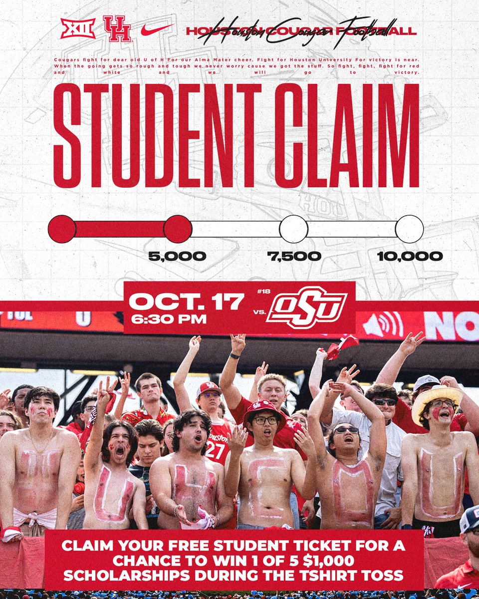 UHCougars's tweet photo. Half way there 👏

5️⃣ scholarships will be up for grabs during the third quarter t-shirt toss! https://t.co/pNdWcFowVi