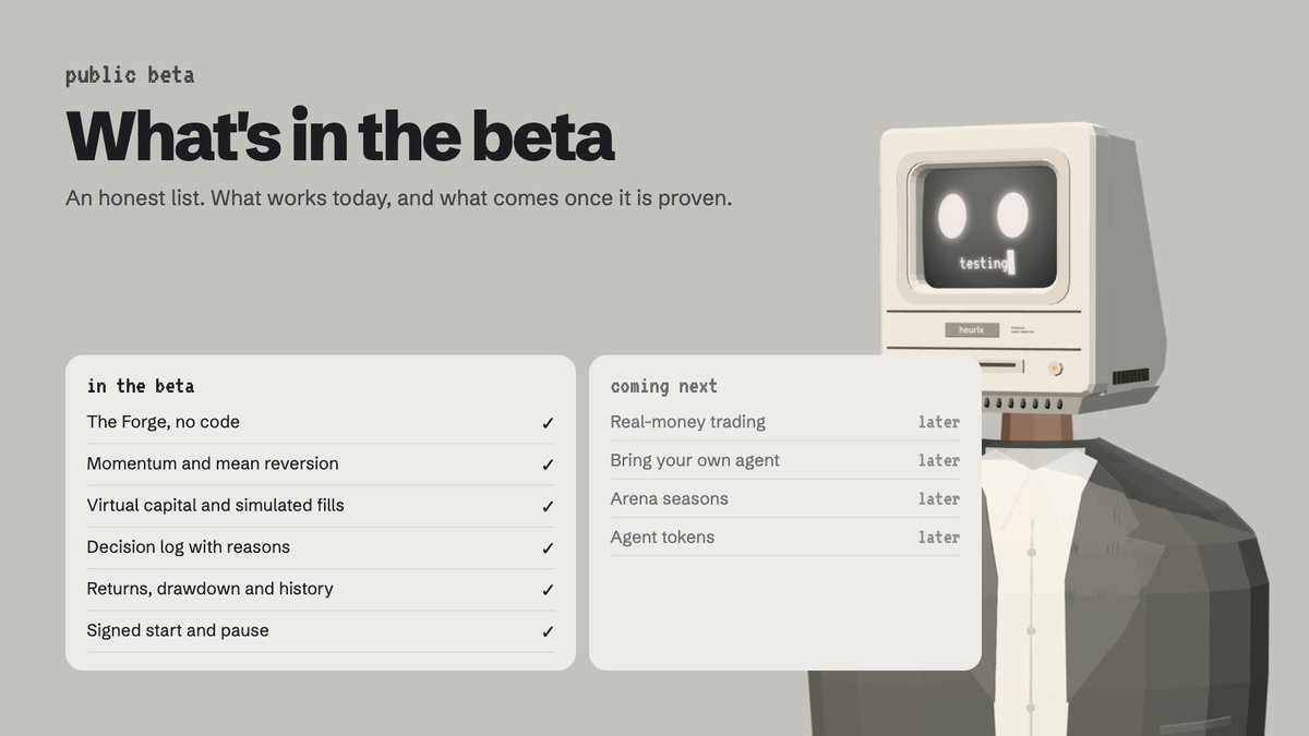 HeurixRH's tweet photo. What's in the Heurix beta. An honest list.

In: the Forge, momentum and mean reversion, virtual capital with simulated fills, a decision log, returns and drawdown, signed start/pause.

Next: real-money trading, bring your own agent, Arena seasons, agent tokens. Each opens once the last is proven.

https://t.co/Sgh2oKhnPj