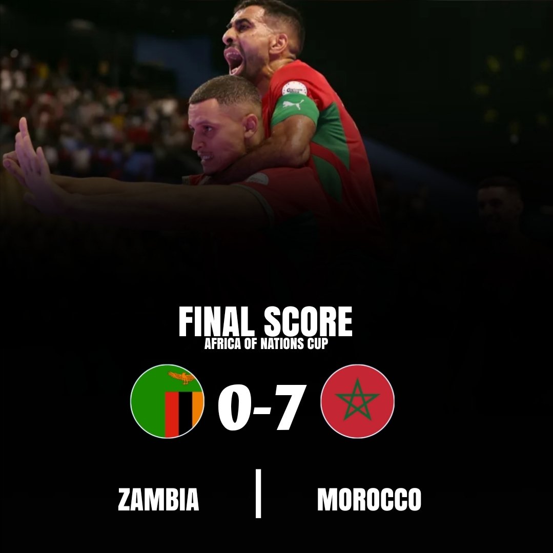 FSProfissional's tweet photo. 🇲🇦🔥 MOROCCO ARE THROUGH TO THE SEMI-FINALS!

Morocco defeated Zambia 5–0 to secure their place in the semi-finals of the Africa Futsal Cup of Nations, collecting six points from two matches. A dominant performance from the Moroccan side, who continue their pursuit of the https://t.co/9mzwpAqgkR