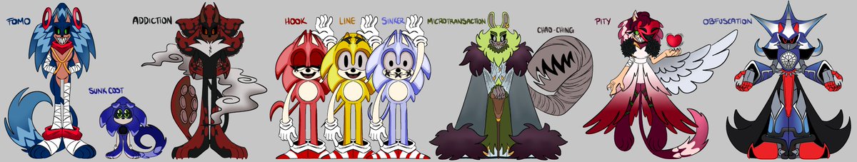 zakuropom's tweet photo. Here's a full line up of FOMO, Sunk Cost, Addiction, and The Six Envoys! (closeups in the replies) #OneLittleWager #exeoc #sonicexe #execommunity https://t.co/Hj98iotMNP