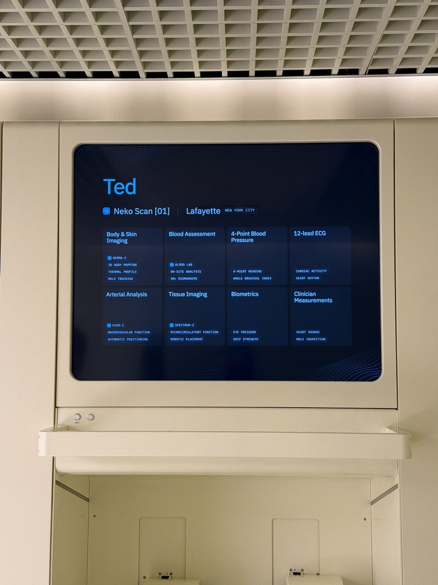 TedHZhang's tweet photo. My @Neko health checkup by @eldsjal @HjalmarNilsonne was INCREDIBLE! This is the future of preventative health. 

Hands down Neko health best experience I’ve EVER had in healthcare.

First off I was excited to go to for the last two weeks.

Second, the experience lived up to the hype.

Third, I bought another scan for a year out.

Fourth, Im happy to know so much insight about my body (53 blood markers, kidney health, liver health, skin health and more)and what I can do to continue to optimize my health.

Some pics and vids (think I will make a more comprehensive one later):