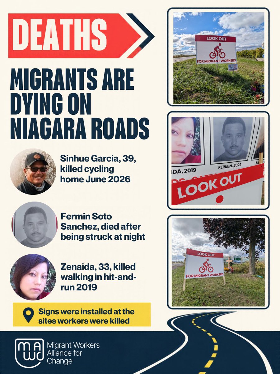 MWACCanada's tweet photo. Sinhue Garcia. Fermin Soto Sanchez. Zenaida. Three lives lost. Four more workers seriously injured.

Migrant farmworkers are our neighbours. Looking out for them means standing with workers demanding change. https://t.co/iVLPyjkksO