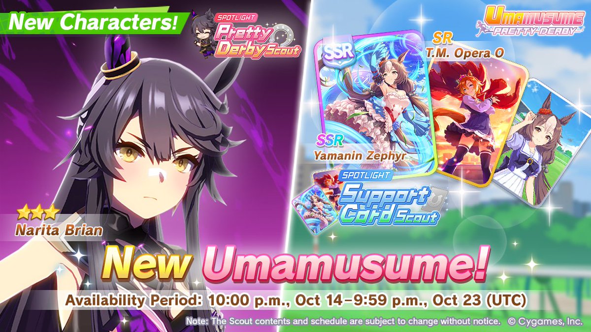umamusume_eng's tweet photo. A new Pretty Derby Scout and Support Card Scout have arrived!

New Trainee:
3★ Narita Brian

New Support Cards:
SSR Yamanin Zephyr
SR T.M. Opera O

#Umamusume https://t.co/wWPmy7Eur2