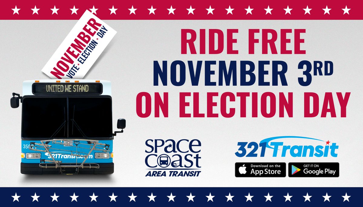 321Transit's tweet photo. FREE FARE ON ELECTION DAY! 
Need a ride to the polls? #SpaceCoastAreaTransit has you covered! Ride FREE on Tuesday, November 3, 2026. Visit https://t.co/S71ak6UxTV to view routes/schedules, and use our Trip Planner to help you get there.

#321Transit #BrevardCounty
@BrevardCo_FL https://t.co/ztOLdPuk1e