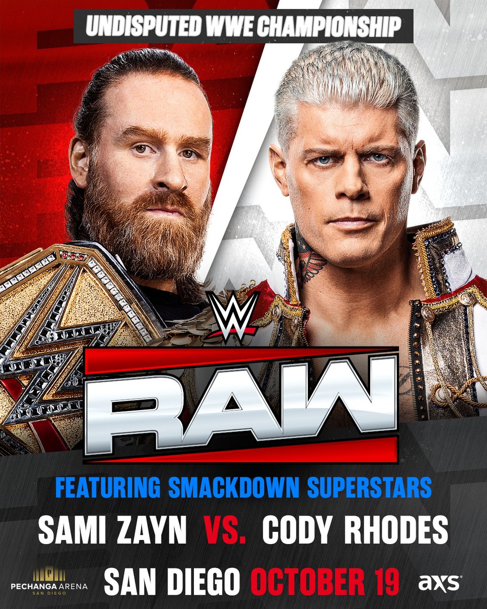 WWE's tweet photo. JUST ANNOUNCED! Get your tickets now to see Undisputed WWE Champion @SamiZayn vs. @CodyRhodes LIVE this Monday in San Diego!

🎟️: https://t.co/KFyldfYypr https://t.co/HMIowCl6Cz