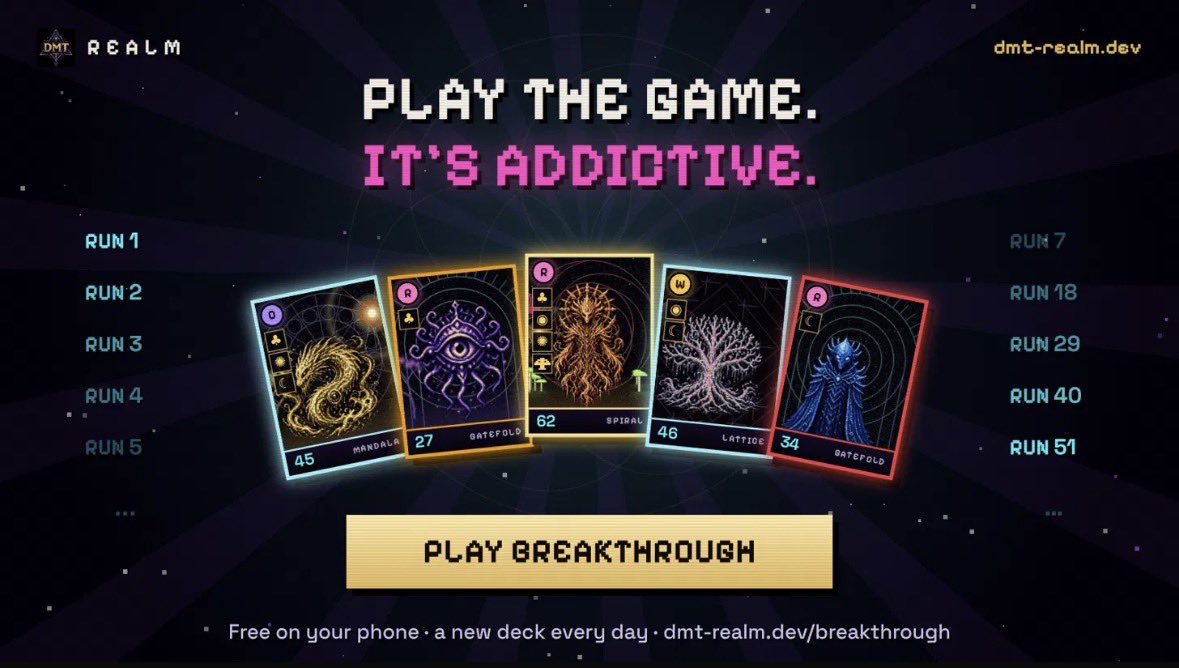 DMT_REALM's tweet photo. Play the game. It's addictive.

One more run turns into ten. A new deck every day, and every layer deeper gets harder.

Free to play on your phone.

https://t.co/GnoYjpZfX9 https://t.co/EDCQ2e8LdE