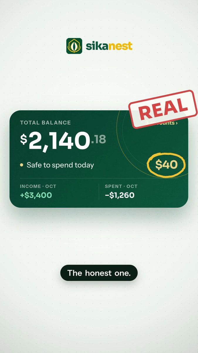An advertisement for 'sikanest' showing a banking dashboard with a total balance of $2,140.18, marked 'REAL' and labeled 'The honest one,' highlighting a 'Safe to spend today' amount of $40.