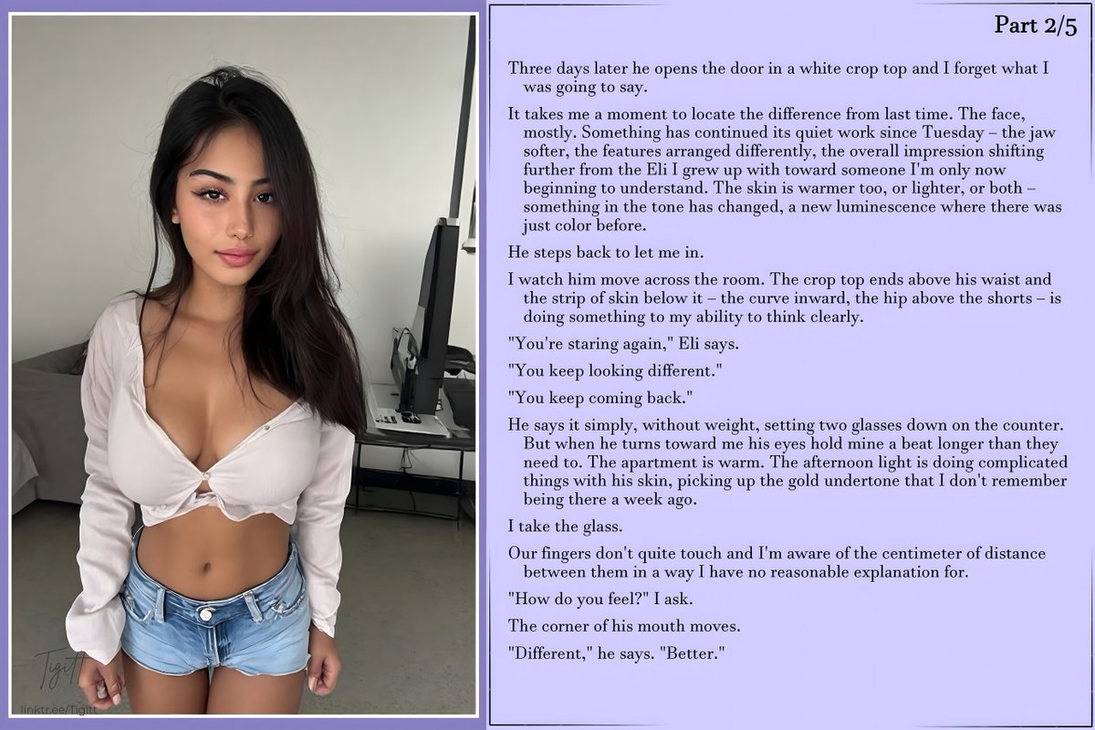 Tigitt_TG's tweet photo. Three days later he opens the door in a white crop top and I forget what I was going to say.

Glow | TG Caption Story

Part 3 and more are available for DeviantArt subscribers.

#TGTF #GenderBend #GenderSwap #MTF #TGCaption https://t.co/2fOwUGG0dJ
