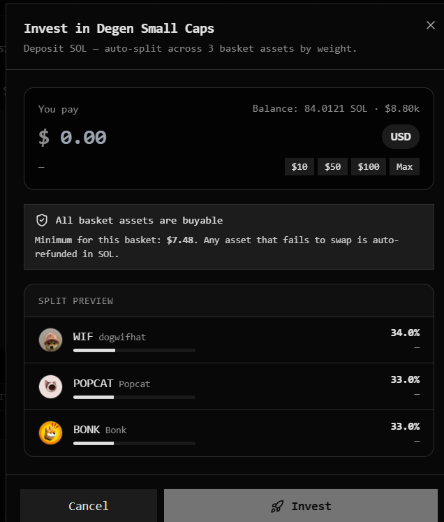 basketac's tweet photo. Basket Health Check is now built in.

Before investing, it checks every asset in the basket, flags any issues, and calculates the minimum amount needed for the full basket after fees.

You can buy the whole basket, or pick any single asset inside it. https://t.co/ddEEjrT1xp