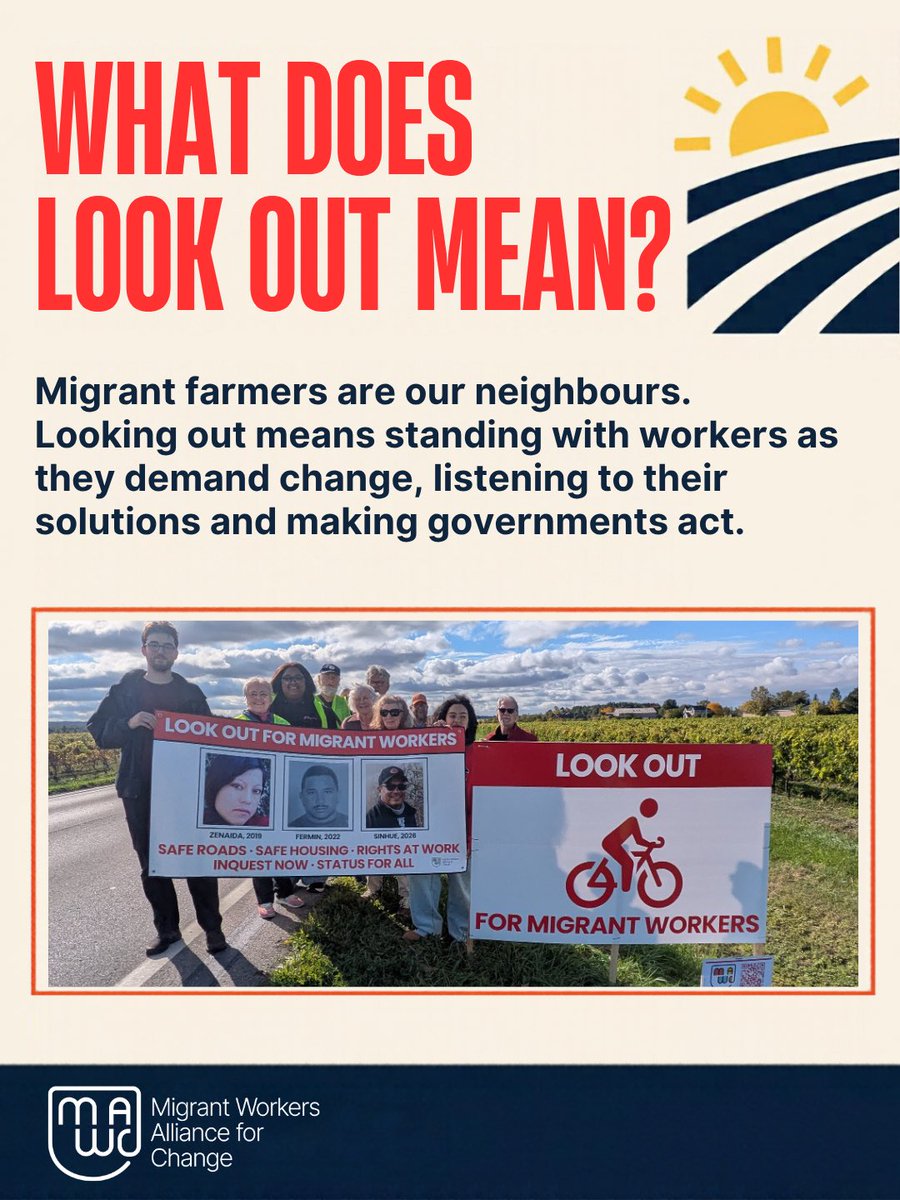 MWACCanada's tweet photo. Today, we installed giant reflective signs along Niagara roads where migrant farmworkers have been killed or seriously injured. The signs light up in car headlights, marking the places where workers were simply trying to get home, buy groceries or visit friends. https://t.co/drH8dUe1mn