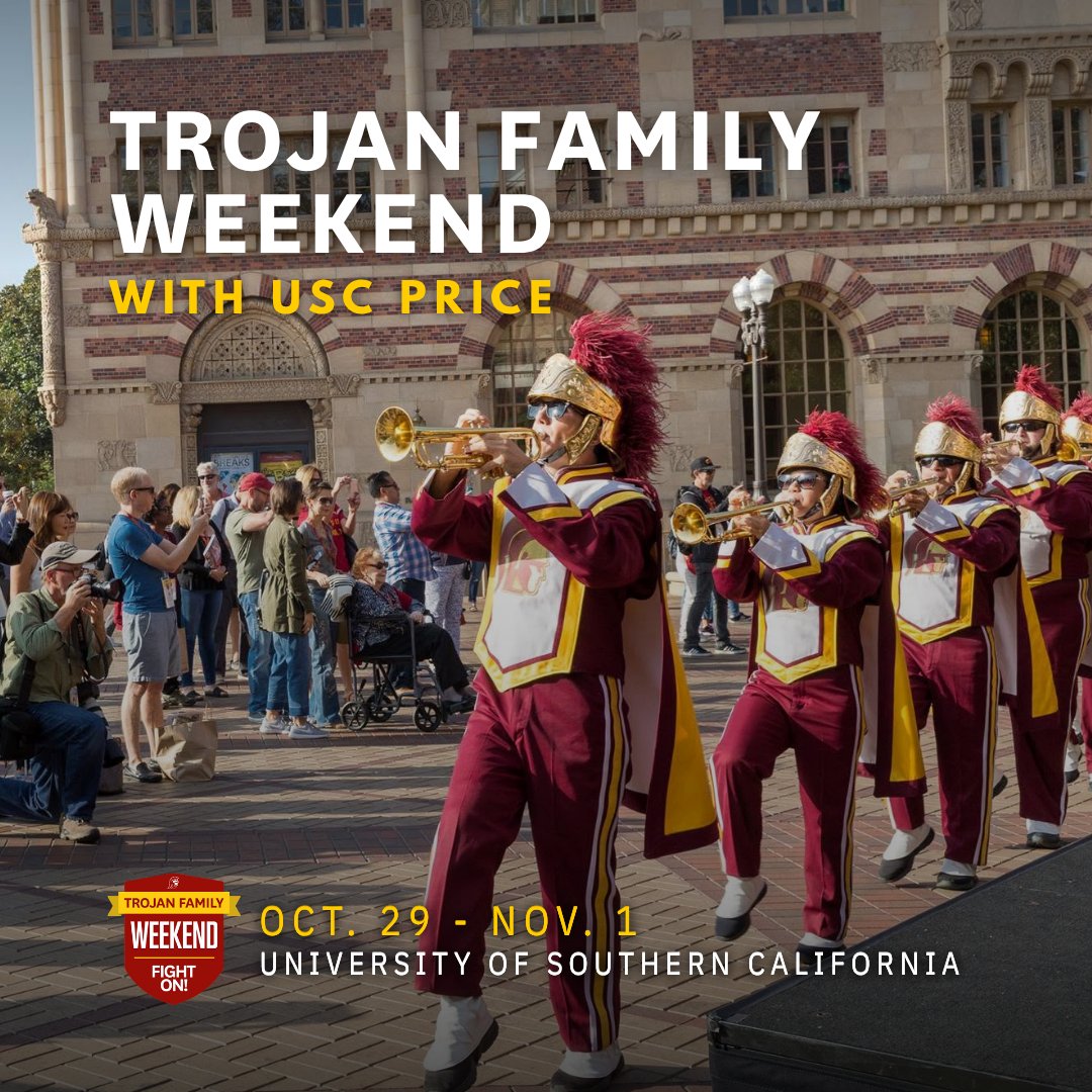 USCPrice's tweet photo. Want a closer look at your student’s experience at USC Price? Join us for Trojan Family Weekend, October 29–November 1.

Sit in on a class, hear faculty discuss housing, health care and livable communities, and learn from alumni about the paths they’ve taken since graduation. You can also meet fellow Price families at the Dean’s Reception on Friday, October 30.

Explore the schedule and register for Trojan Family Weekend: https://t.co/7kGjoDoKtw