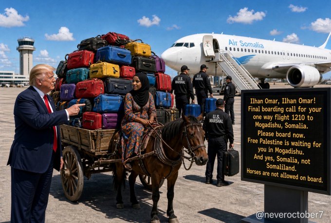 A political cartoon signed '@neveroctober7' depicting Donald Trump talking to a woman in a hijab on a horse-drawn cart loaded with colorful suitcases, while US Marshals lead her toward an 'Air Somalia' plane, with a sign addressed to 'Ilhan Omar' about a 'final boarding call' to Mogadishu.