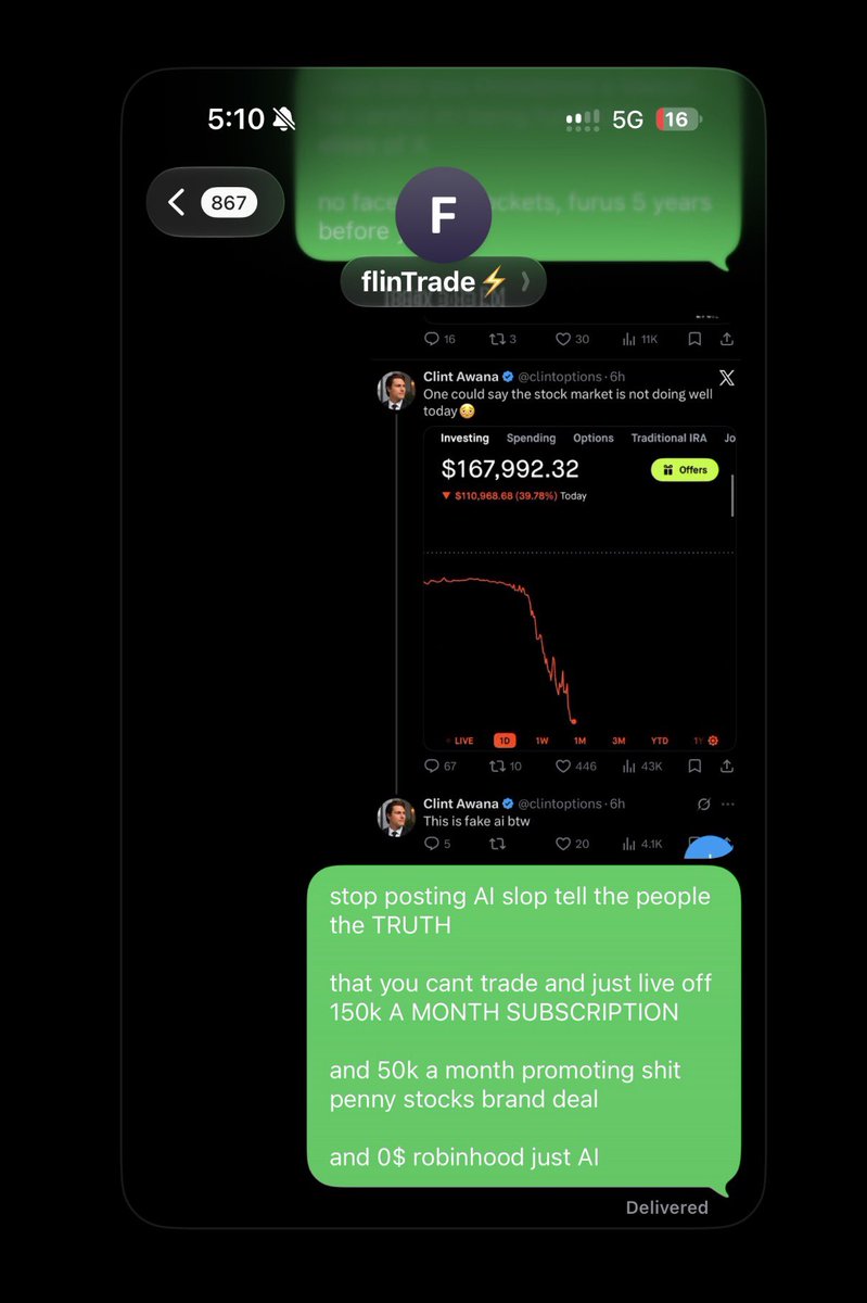 MoonTrades7's tweet photo. @clintoptions CLINT AWANA tell your 2,000 paid subscribers the TRUTH 

SHOW THE ROBINHOOD P&amp;L IF YOUR NOT A FRAUD PAPER TRADER 

I WILL GO FIRST https://t.co/ULlgIINWzA