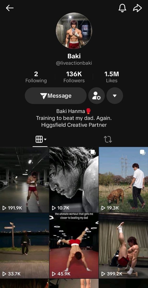k1rallik's tweet photo. DEAD INTERNET THEORY IS F*CKING REAL

I don't understand why more people didn't think of this sooner: take a popular fictional character and give him a life online.

Someone did exactly that with Baki - and reportedly made $100K+ through advertising contracts.

→ 136K followers  
→ 1.5M likes  
→ Around 14.1M views across 28 posts  
→ 2.7M views on ONE video

He trains, goes on dates and prepares to beat his dad. Every post adds another chapter.

A workflow you can try:

1) Use Claude, Grok or ChatGPT to develop scenes and prompts.
2) Generate consistent character references.
3) Adapt movement references from real creators.
4) Animate with Higgsfield and build a recurring series.

Here's the MONEY angle: he publicly identifies as a HIGGSFIELD CREATIVE PARTNER and promotes the platform in his posts.

The tool behind the content becomes part of the advertising opportunity. His exact Higgsfield payout hasn't been disclosed.

Follow me - I'll soon share breakdowns on my GitHub and document building my own AI characters.

WHO SHOULD I START WITH?