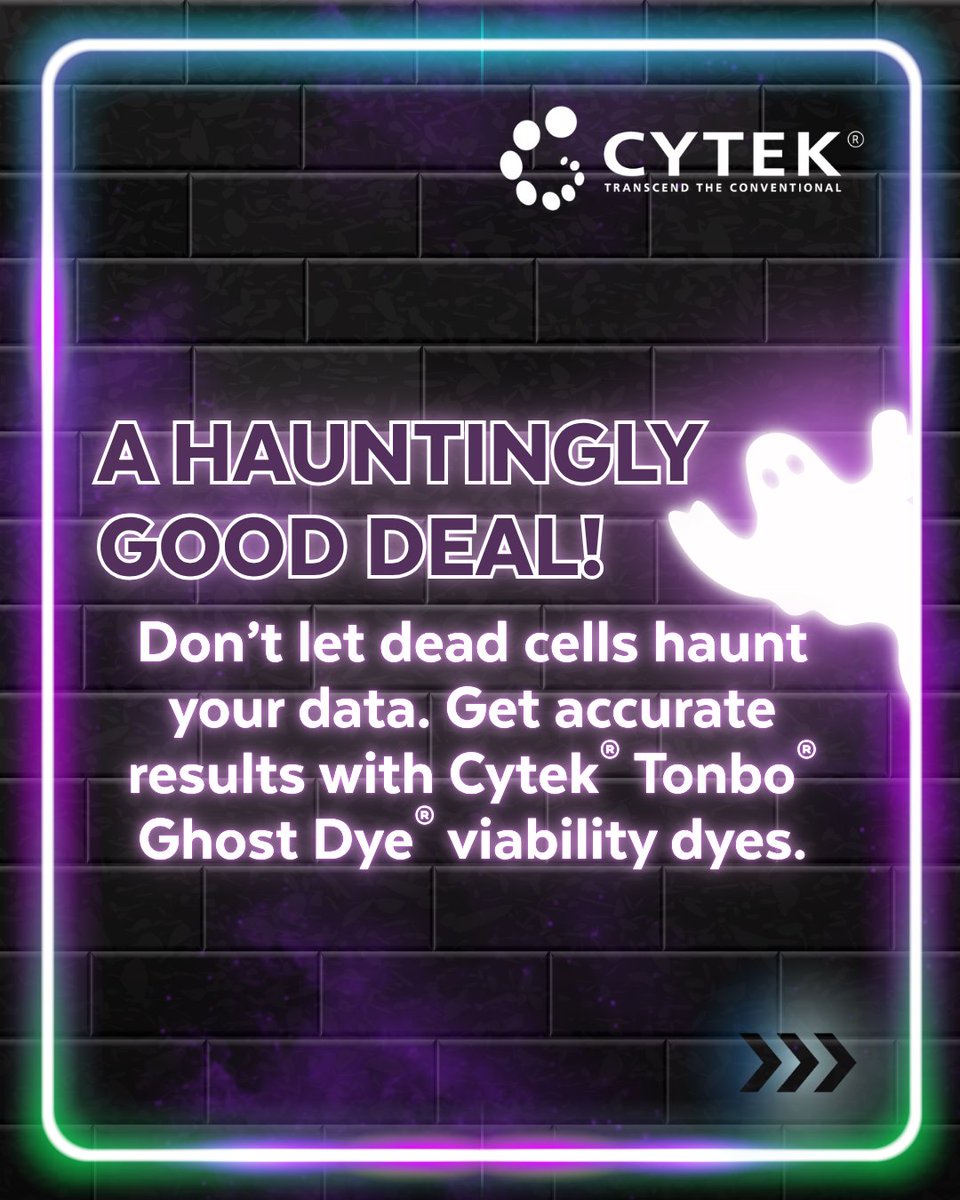 CytekBio's tweet photo. Are dead cells haunting your data? 👻 Ghost Dye® viability dyes exclude dead cells for accurate results, with bright, reliable staining and a ready-to-use format that’s eerily easy to drop into your flow cytometry panels. Save 25% with code 25GHOST https://t.co/KUqefYy5Zc https://t.co/XZUfSUg0Pw