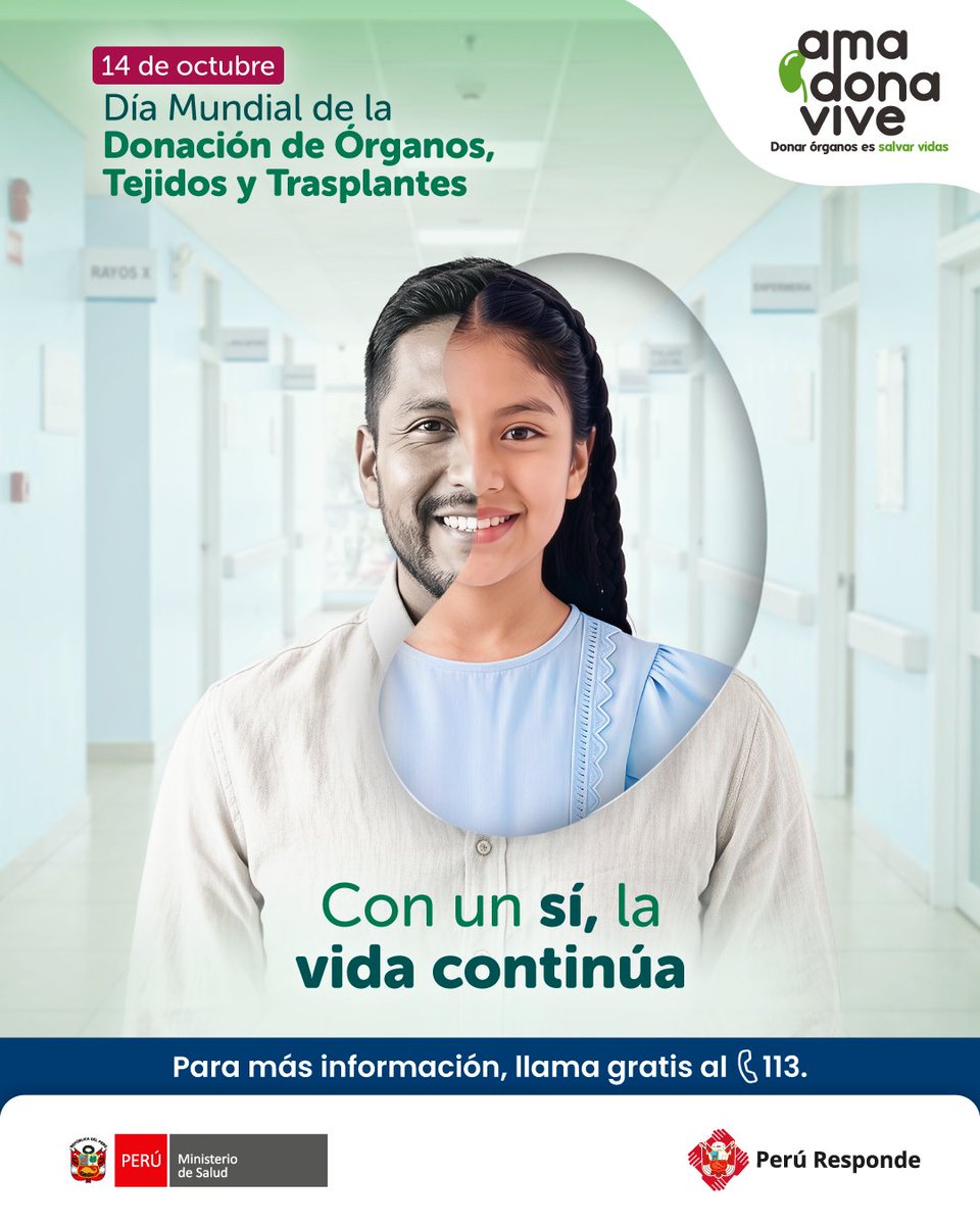 Minsa_Peru's tweet photo. 🤲 En el Perú, más de 7,000 personas están en lista de espera por un trasplante.

💚 Hoy, 14 de octubre, conmemoramos el Día Mundial de la Donación de Órganos, Tejidos y Trasplantes. Un día para recordar que la donación es un acto solidario, voluntario y altruista.