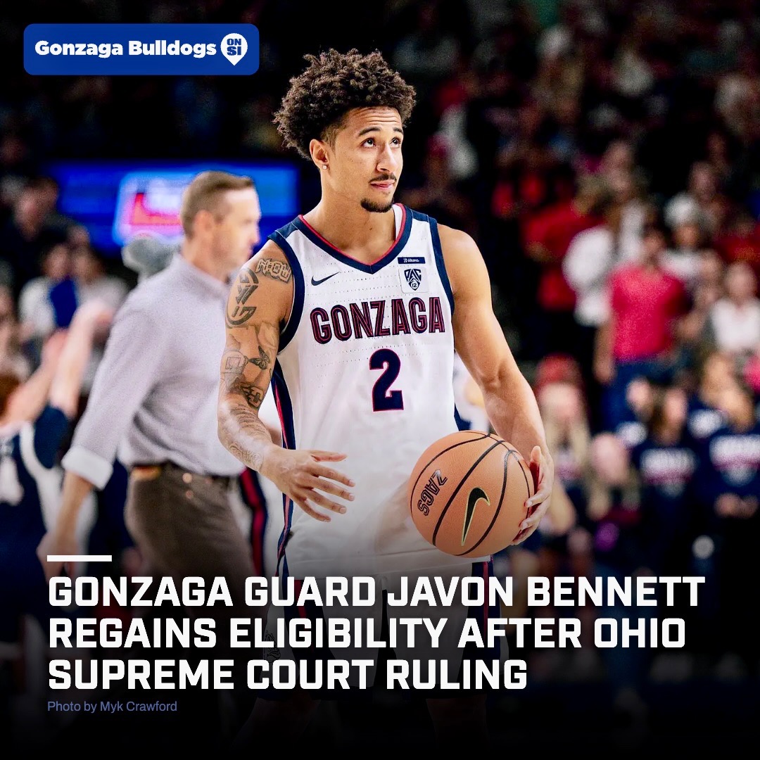 AndyPattonCBB's tweet photo. Javon Bennett is eligible - again - after the Ohio Supreme Court restored eligibility for the plaintiffs in the Borovicanin case. How long it might last, and what it means for the #Zags roster:

https://t.co/ERimnAvSXq https://t.co/189an7RaDw