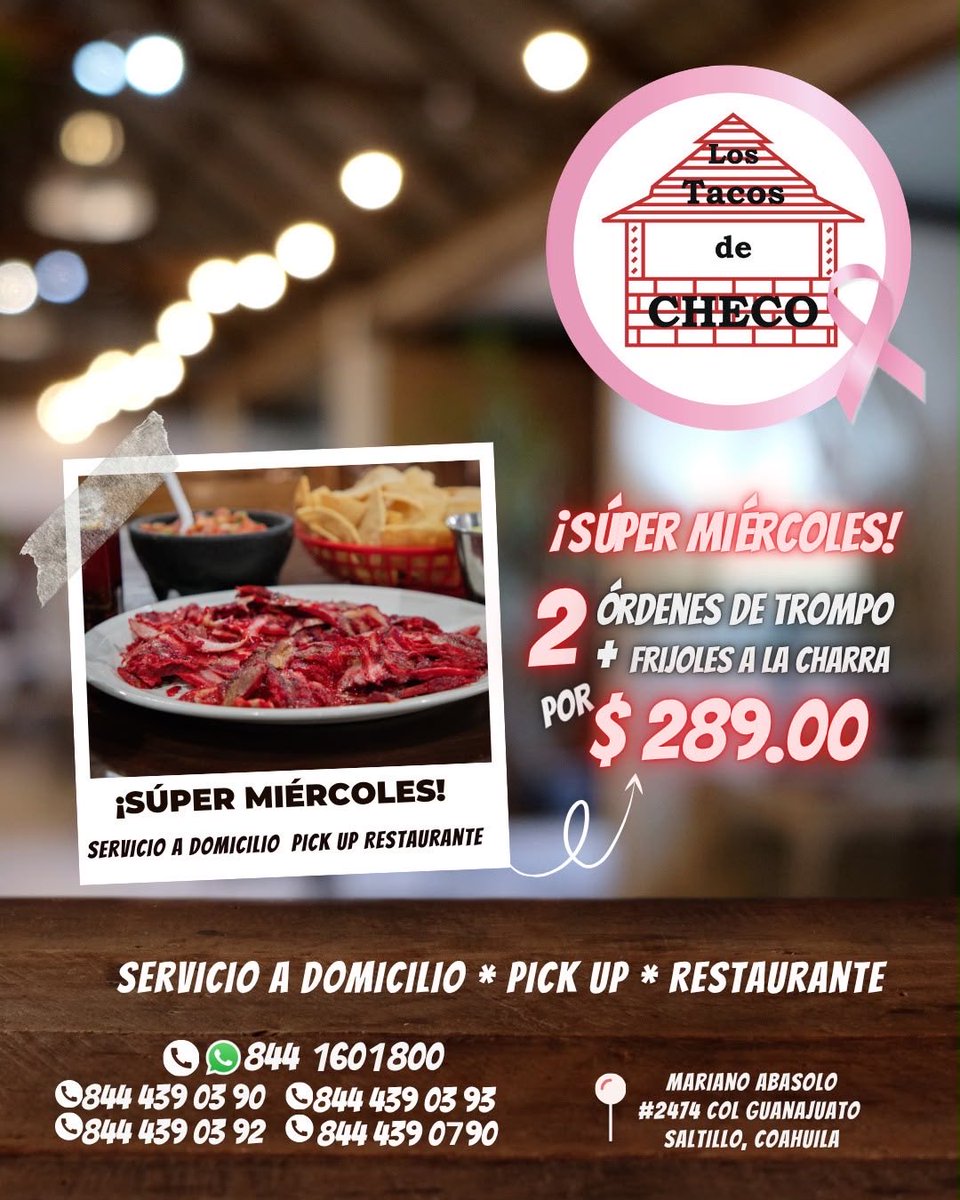 TacosCheco's tweet photo. Hoy #FelizMiércoles, desde las 6:30 p.m. 🕡 consiéntete con nuestra promo de mitad de semana. 🤤

— 2 órdenes de trompo + 2 frijoles charros ¡a un súper precio! 🤩

📲 WhatsApp: 844 160 1800

Disponible en #ServicioADomicilio 🚕, #Pickup y #Restaurante 🍽

📍 #Saltillo 🎀 https://t.co/i69CIcXYj8