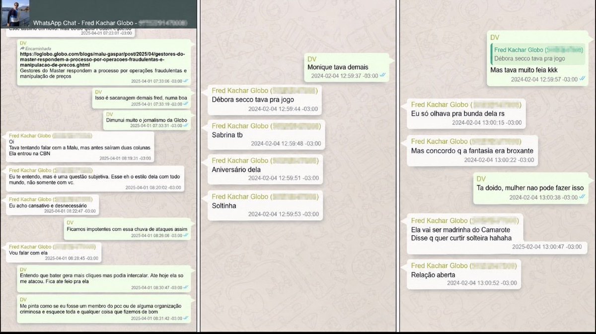vinicios_betiol's tweet photo. URGENTE: vazou conversa do Daniel Vorcaro com Fred Kachar, CEO das revistas do Grupo Globo, em que eles tratam mulheres da Globo como objetos. A conversa mostra ainda Vorcaro dando ordens na linha editorial da Globo. É por isso que a Globo quer a vitória do Flávio: pro caso Vorcaro terminar em pizza e não sobrar pra eles.
