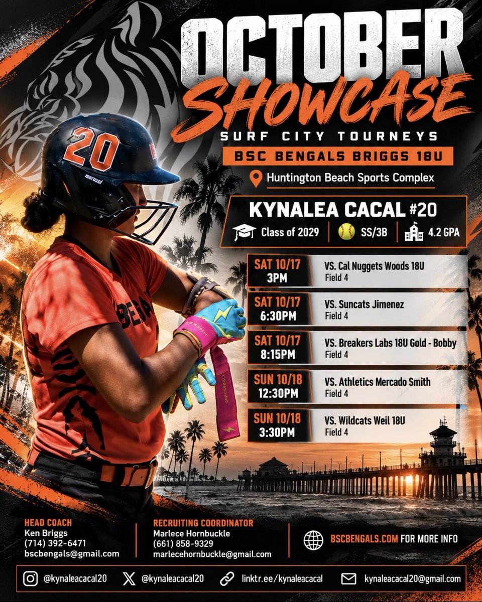kynaleacacal20's tweet photo. First 18U Showcase #GameSchedule
๐ฅ Surf City Tourneys, OCTOBER SHOWCASE
๐ Huntington Beach Sports Complex
@BSCBengals @coachbriggze @briggze6 @Marlece_H #briggssoftballclub #briggssoftballtraining #OUTWORK https://t.co/R0N9KbYVPX