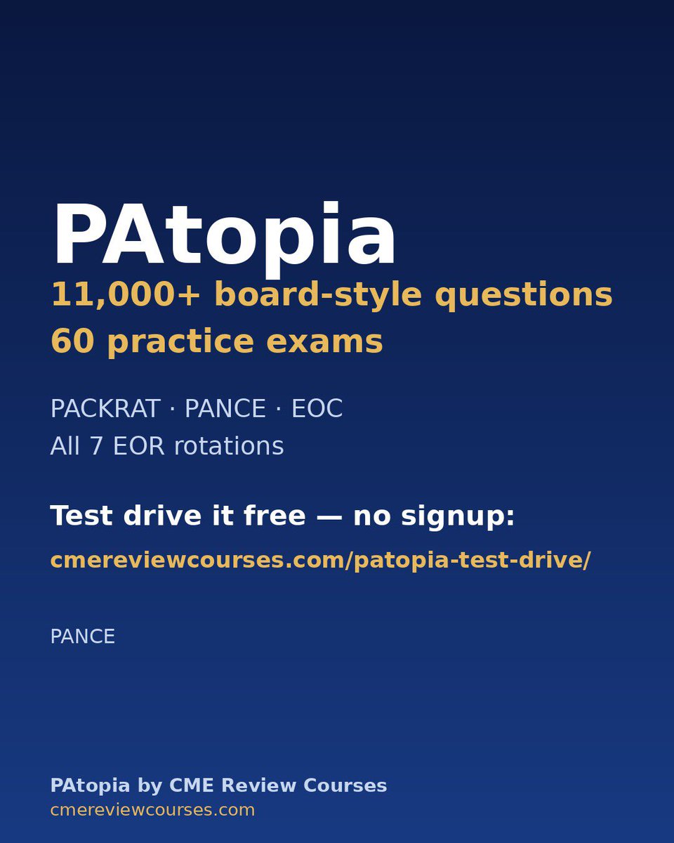 Board_Review's tweet photo. Daily board review for PA students — PANCE (Professional Practice). Drop your answer 👇, then swipe for the answer. Test drive PAtopia free: https://t.co/6pTuKGjtoB #PANCE #PAStudent #PhysicianAssistant https://t.co/oP5W8oTw4f