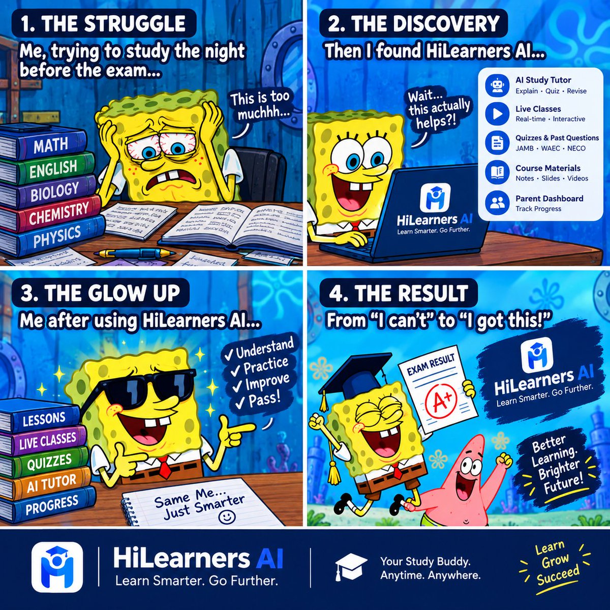 bronse21's tweet photo. @HilearnersAI Exam tomorrow and you haven't read? 😭
HiLearners AI explains, quizzes and revises with you. From "I can't" to "I got this!" 🎓
Try it free 👉 https://t.co/uMMzacJznP
#JAMB #WAEC #HiLearnersAI https://t.co/UUpbJbNDkq