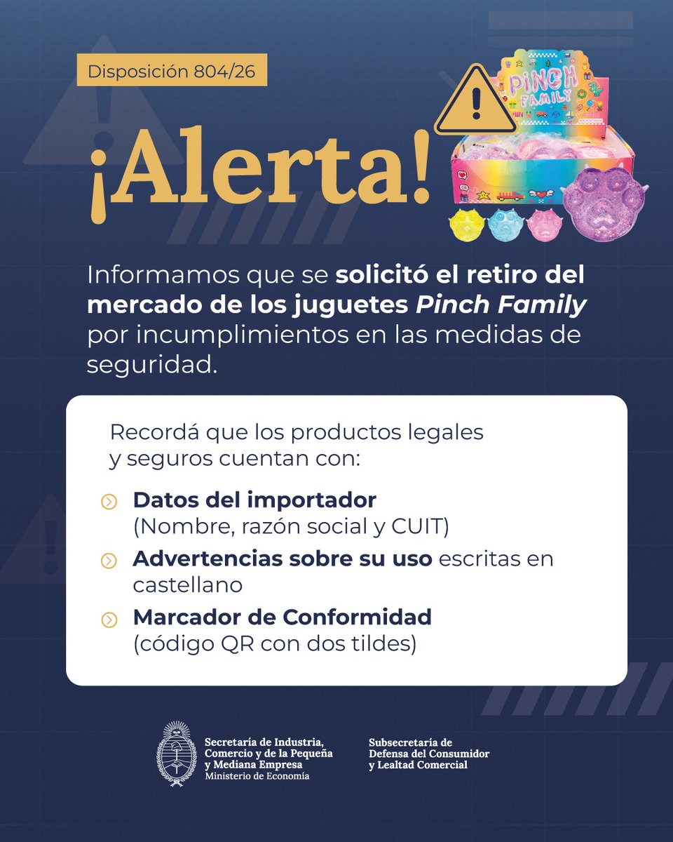 DNDConsumidor's tweet photo. 📢 Se solicitó el retiro del mercado de los juguetes PINCH FAMILY por incumplimientos en las medidas de seguridad.
Antes de comprar un juguete verificá que el producto cuente con la información obligatoria y el Marcador de Conformidad https://t.co/z61syOX0fj