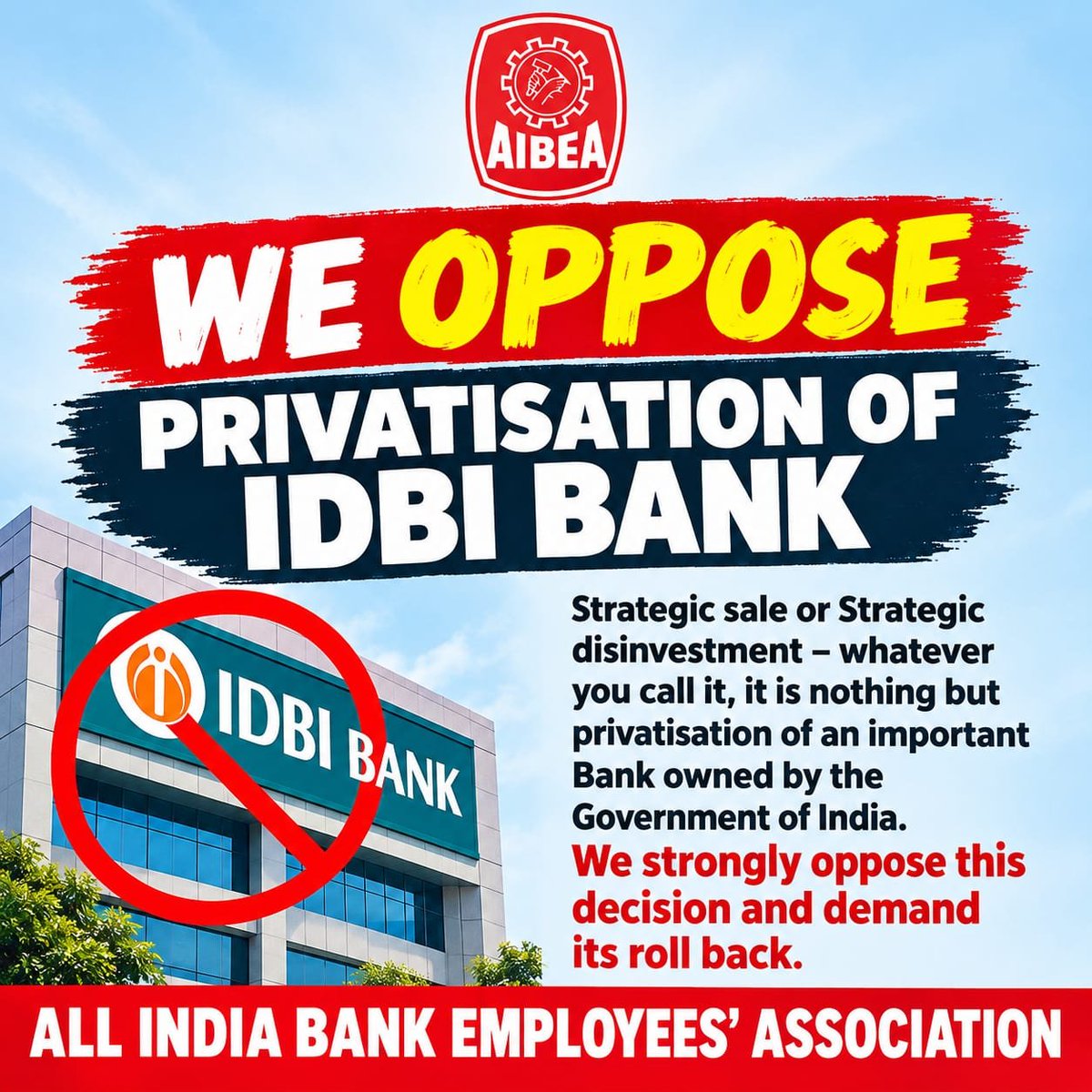 AIBEAofficial's tweet photo. We Oppose Privatisation of IDBI Bank and demand it's roll back 
#AIBEA https://t.co/Smyi76J4AW