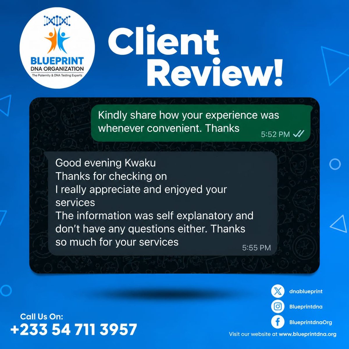 DnaBlueprint's tweet photo. Your peace of mind is our priority!

📞 Call us today for a FREE consultation or book your DNA test!

📱 +233 54 711 3957

👍 Like, 💬 comment &amp; 🔄 share!

#BlueprintDNA #DNATesting #ClientReview #ClientExperience #YourTrustOurPriority https://t.co/f8E4agrnZj