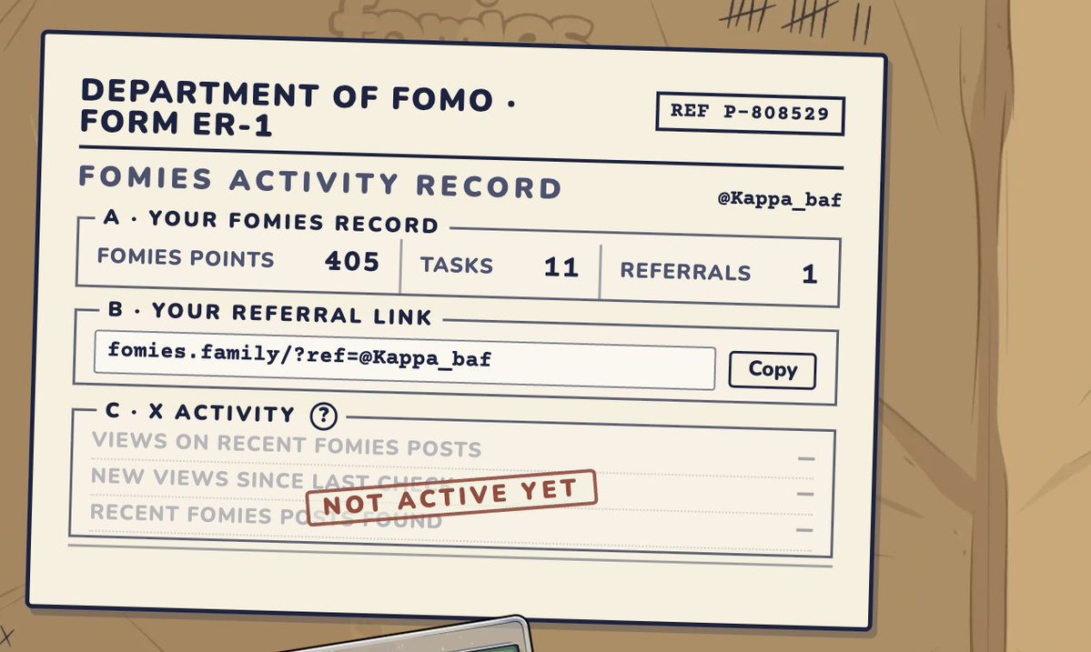 Kappa_baf's tweet photo. Hey @FomiesNFT ! 👋

Checking my FOMIES ACTIVITY RECORD and noticed the "NOT ACTIVE YET" stamp under X Activity section 🏷️

My posts about Fomies have been up for a while, and the views are there too!  Is the X tracking feature coming live soon, or is there a specific requirement to trigger the sync?

Does anyone else have the same issue?