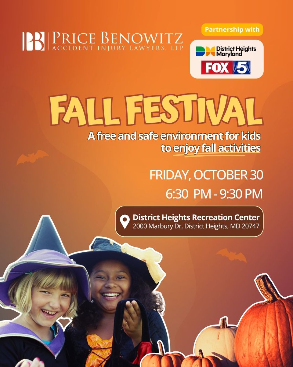 PriceBenowitz's tweet photo. Get ready for the ultimate fall celebration! 🎃

We are thrilled to partner again with District Heights and FOX5 to bring you an incredible Fall Festival! 

Join us for a completely free and safe evening packed with exciting fall activities for the kids. https://t.co/qPjZ5OJDRe