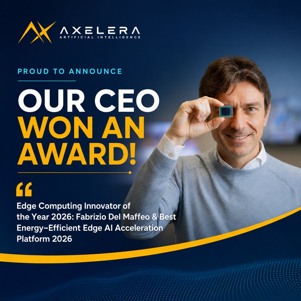 AxeleraAI's tweet photo. Honored to share that our CEO Fabrizio Del Maffeo has been named Edge Computing Innovator of the Year 2026, alongside Axelera AI winning Best Energy-Efficient Edge AI Acceleration Platform 2026!

It is a privilege to be in such great company. Thank you to our entire team, partners, and community for making this milestone possible.

Read more: https://t.co/seCXc6IR1d

#EUBusinessNews #EuropeanCEOOfTheYearAwards #EdgeAI #EdgeComputing #AI #AxeleraAI