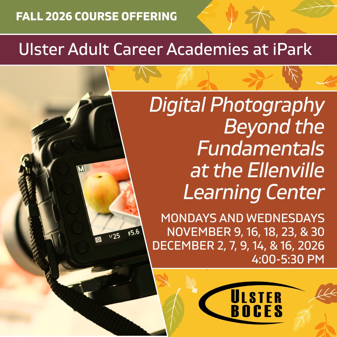 UlsterBOCES's tweet photo. Take control of your camera! Learn aperture, shutter speed, ISO, composition, lighting &amp; more through hands-on practice. No prior photography experience required!
Join us Mondays &amp; Wednesdays, Nov. 9–Dec. 16, from 4–5:30 PM. 📷 Register today: https://t.co/YUVay3F2Vu https://t.co/SoMzSLx4wm