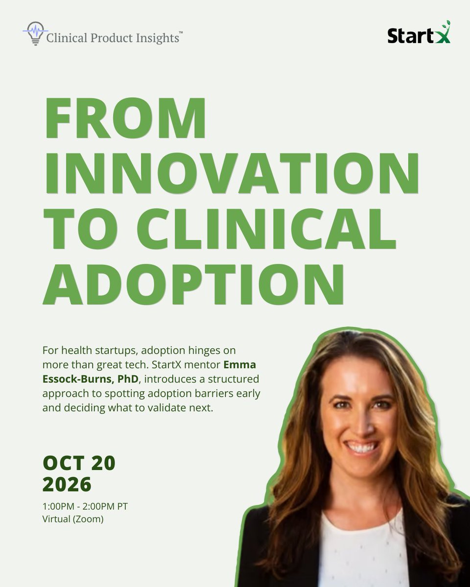 StartX's tweet photo. Clinicians loving your product ≠ a health system adopting it.

StartX mentor and Stanford Biodesign alum Emma Essock-Burns, PhD, shows how to spot adoption barriers early.

Bonus for founders: a free adoption assessment of your company. StartX cohort and alumni only 👇 https://t.co/kkiRlsEmqM