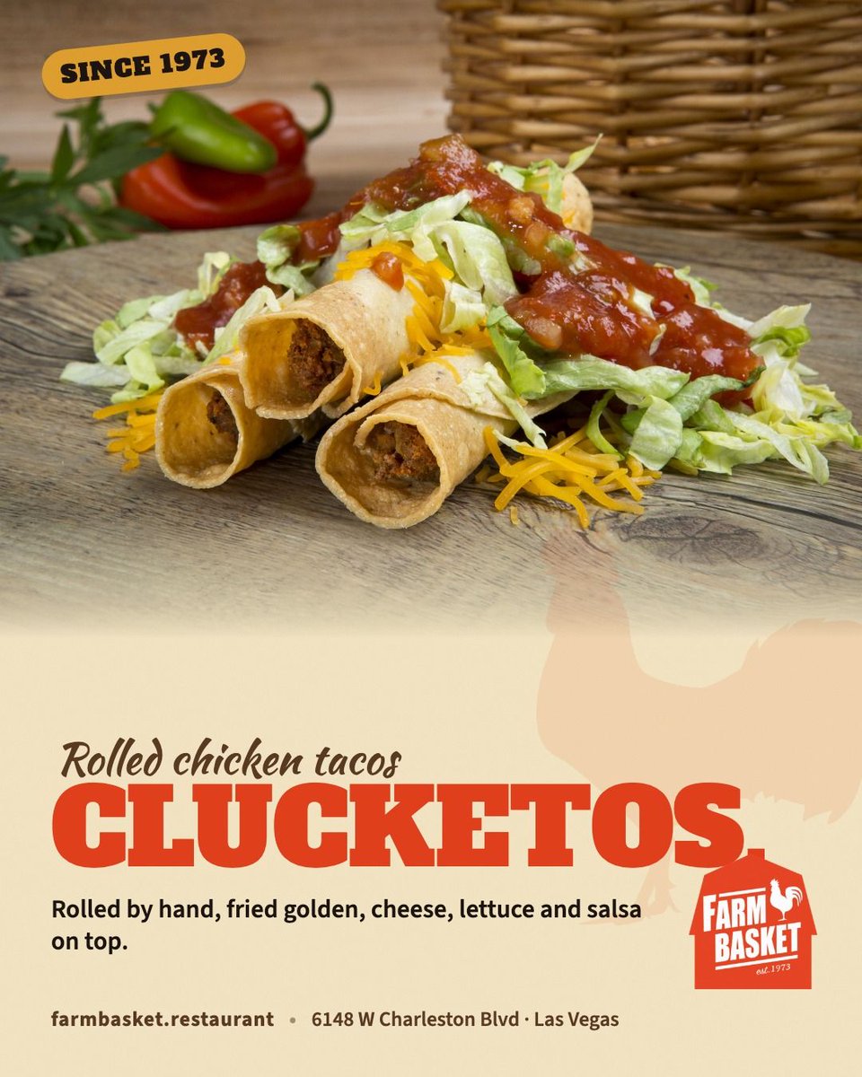 TheFarmBasket's tweet photo. Clucketos: chicken rolled tacos, rolled by hand, fried golden, cheese, lettuce, salsa. #FarmBasket https://t.co/ZLjXRWRfhz