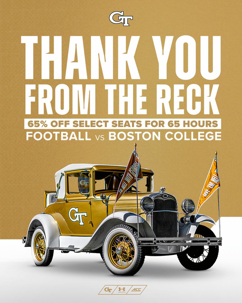 GeorgiaTechFB's tweet photo. THE RECK TURNED 65 👉️  YOU GET 65% OFF

For 65 years of memories, tradition and White &amp; Gold, The Reck has a thank you for you.

Get 65% off Homecoming tickets vs. Boston College for the next 65 hours!

🎟️  https://t.co/xOMdq0imZV 

#StingEm 🐝 https://t.co/FytkKEZmCt
