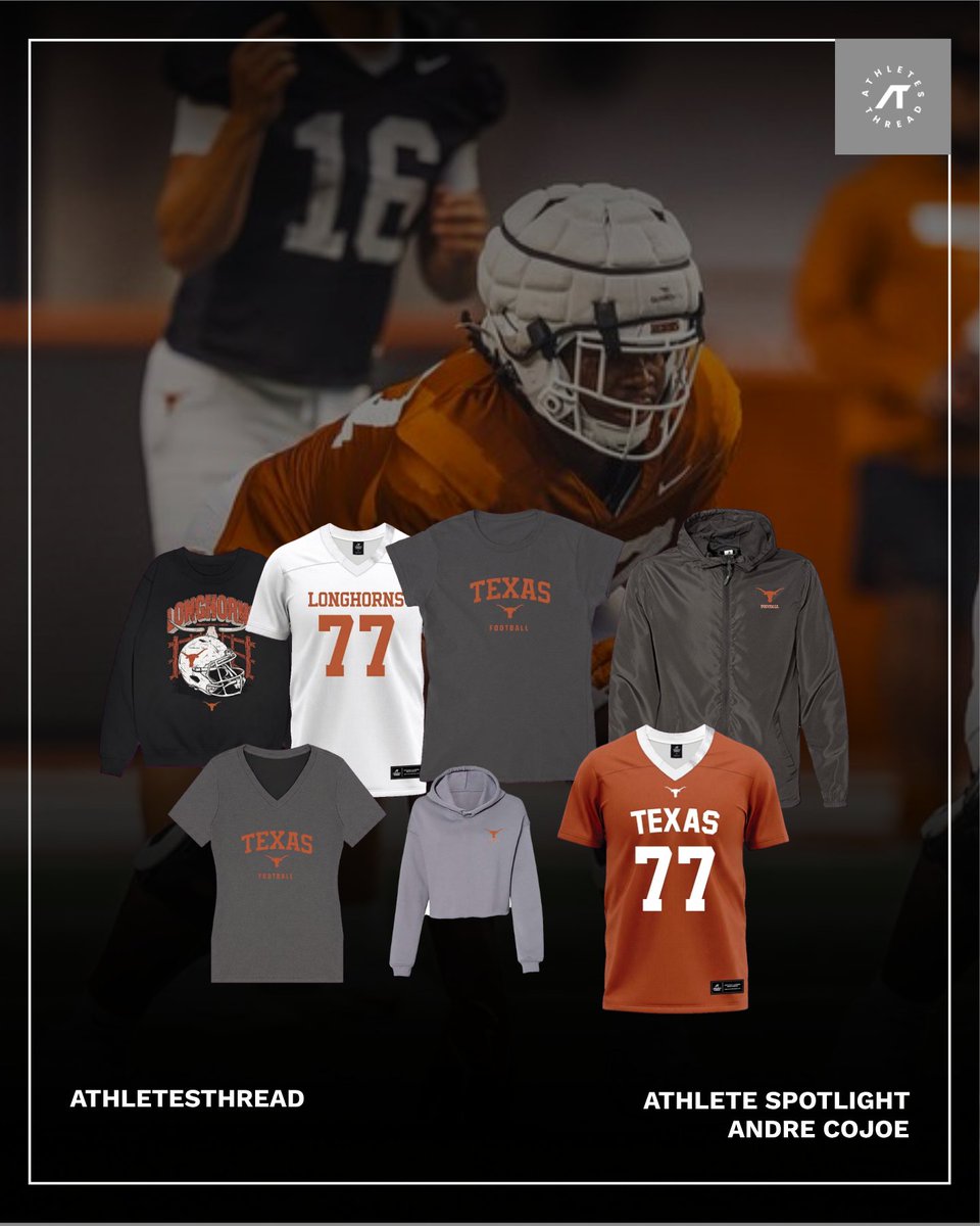 TexasThreadsNIL's tweet photo. Welcome to the spotlight, Andre! 🔥

Andre Cojoe wears No. 77 for the Longhorns. The sophomore offensive lineman is from Grand Prairie, TX!

Hook 'em Horns!
Support Andre and Texas with every purchase!
https://t.co/H2mUiBUnng https://t.co/OyhYjN0tGS