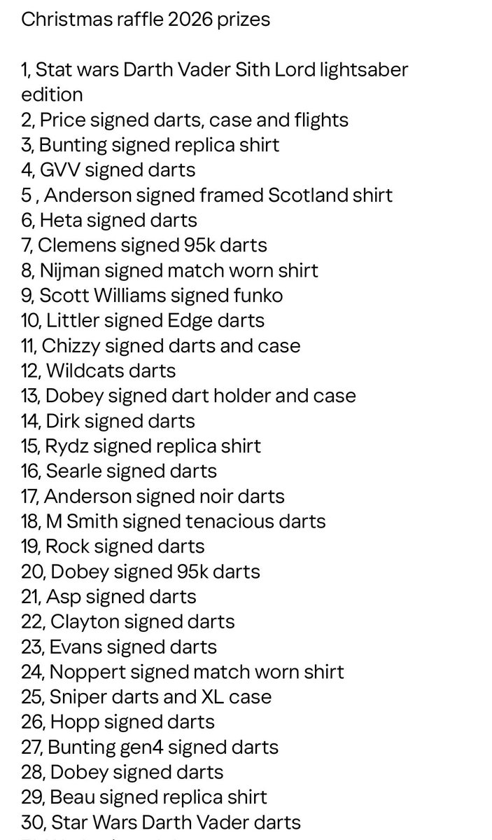 mmleak1605's tweet photo. 🚨 Here we go, the 2026 Christmas raffle. Details of how to enter are below along with a list of all 60 prizes. As always, it’s £5 to enter the raffle, you can have as many goes as you like, and all names will then be put on a wheel and the draw will be live on X. This is our most expensive collection of prizes ever, with a first prize worth £600. If we sold all these items it would amount to over £6k. If you can enter thank you. If you can’t every share on your socials is massive. All pictures of the prizes will follow, thank you in advance Raffle Brothers 🎯🎯🎯