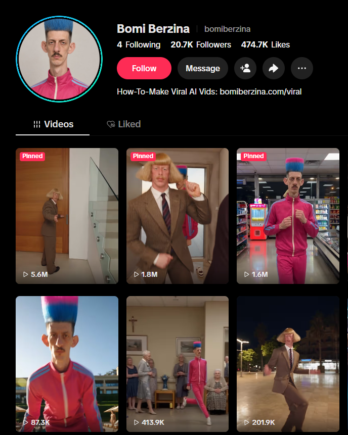 Y0urDumble's tweet photo. dead internet theory is f*cking real, and now the fake guy sells you the guide on how to make him.

his creator made an estimated $13K in 10 days. not from TikTok. from a $9.99 PDF.

meet Bomi Berzina:

→ first video Oct 4
→ 13 videos
→ 20.7K followers
→ 475K likes
→ roughly 10.6M views
→ biggest clip at 5.6M (video's below)

the character: tall two-tone hair, a hot pink tracksuit and a face that looks deeply unimpressed by everything.

the trick was the storyline. he doesn't just tag Jean Phil. he lives in his world.

"Jean Phil's new mansion is nice!" → 5.6M
"big thanks to Jean Phil for having us over" → 1.8M
"visiting Jean Phil's mom at the old folks home. she's doing well." → 414K

he turned someone else's character into his own sitcom. every video is a new episode with the same gang.

now the money part.

his bio has one link: "How-To-Make Viral AI Vids". it leads to an 8-page PDF with 17 steps and copy-paste prompts. $9.99, one payment, 30-day refund.

the character is the ad. every viral clip is proof the product works.

where the $13K estimate comes from: 10.6M views. if just 1 in 8,000 viewers buys, that's ~1,300 copies × $9.99 ≈ $13K. no brand deals, no token, no TikTok payouts needed.

how to copy the model:

→ build one character with a look people remember after one frame
→ put him in the universe of a bigger character and write it like a series
→ make 10-15 videos until one breaks a million
→ package your exact workflow into a cheap PDF
→ put the link in bio before the first video blows up

20.7K followers is small. selling to them is what makes it work.