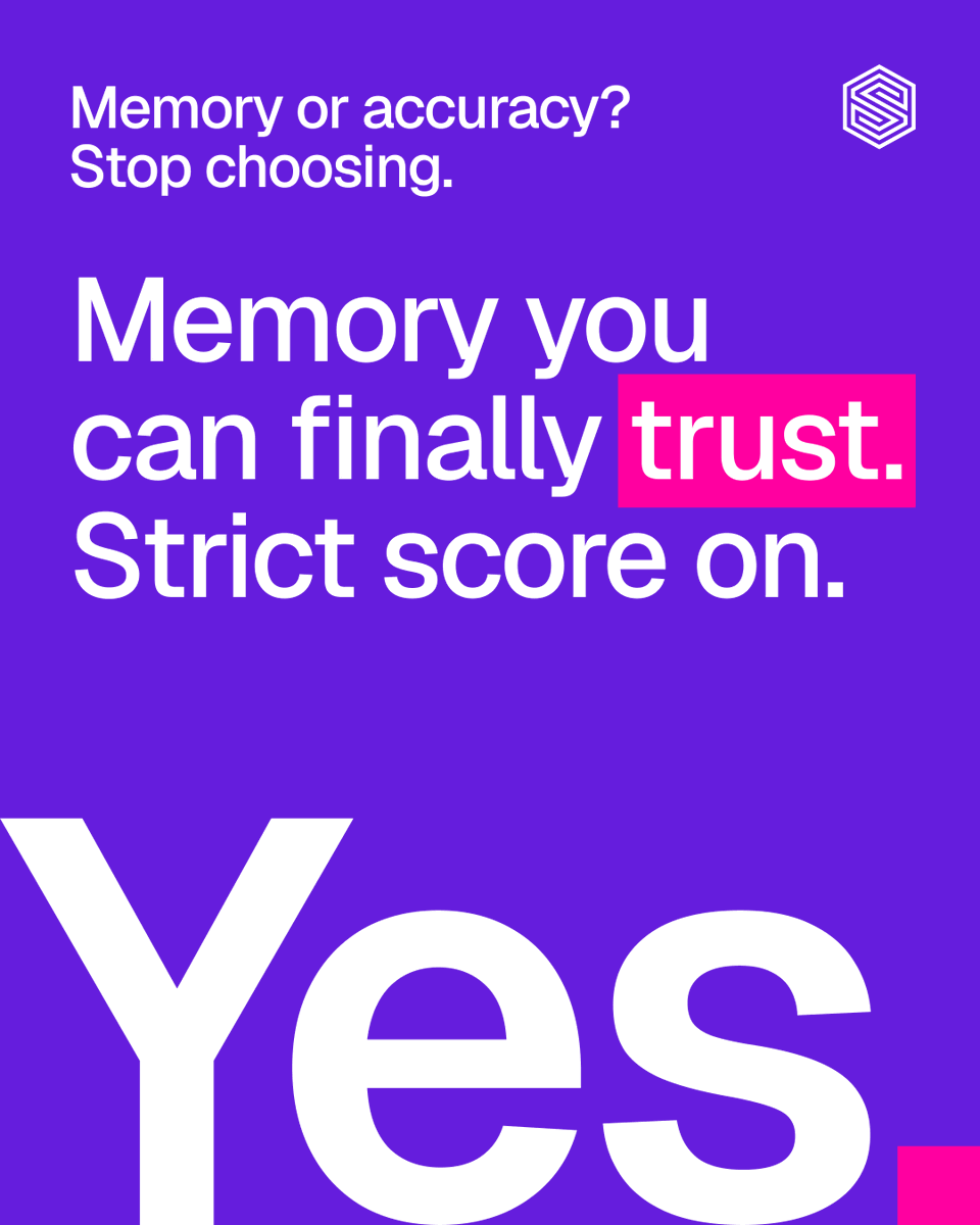 SurrealDB's tweet photo. Memory or accuracy? Yes.

SurrealDB Agent Memory: memory for AI agents, every fact with its source.

77.2% on BEAM, the 1M-token memory benchmark. 57.1% strict, every rubric item met in full. No other vendor we checked publishes that.

Learn more: https://t.co/mu87KOdy3G

Stop choosing.