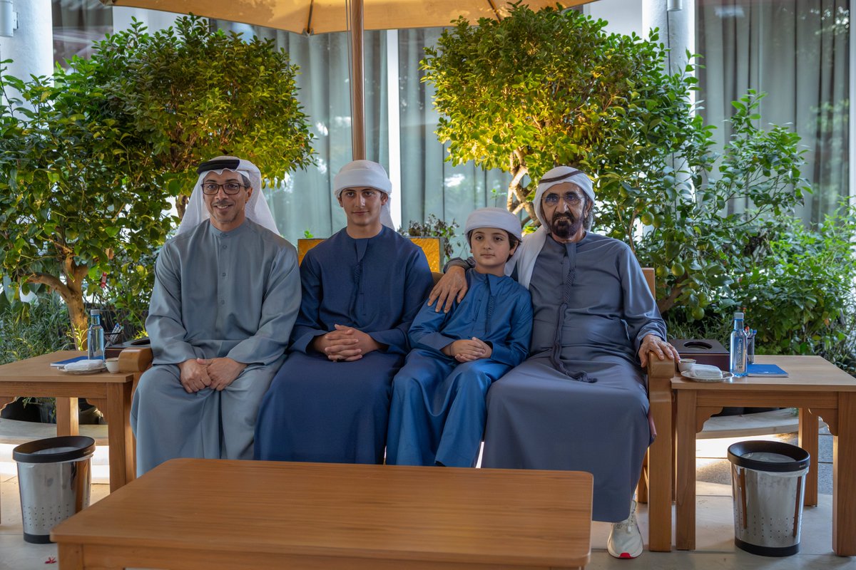 DXBMediaOffice's tweet photo. Mohammed bin Rashid meets with Mansour bin Zayed, at Al Marmoom in Dubai. The meeting discussed a range of issues of national importance and ways to advance the UAE’s comprehensive development, reinforce its global standing and competitiveness, and promote the nation’s progress and the wellbeing of its people. The meeting was attended by Maktoum bin Mohammed.